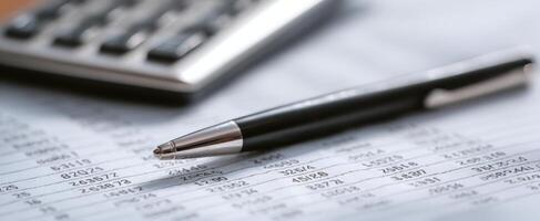 The pen resting on financial documents with calculator in a modern office setting. photo