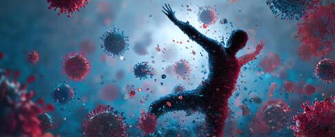 The dynamic silhouette amidst viral particles in an abstract representation of health risks. photo