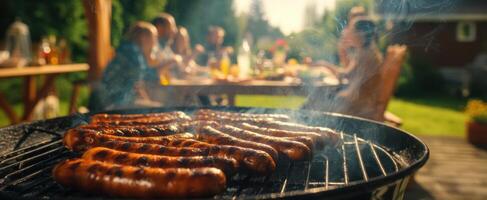 The sizzling sausages on the grill during a vibrant summer barbecue gathering. photo