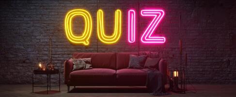 The vibrant neon quiz sign illuminating a cozy interior space. photo