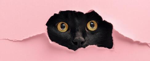 The Black Cat Peeking Through a Torn Pink Background photo