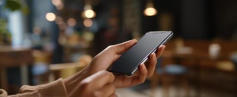 The smartphone in a hand, showcasing modern communication in a cozy cafe setting. photo