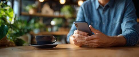 The smartphone and coffee cup create a cozy work environment. photo
