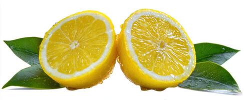 The Fresh Lemon Slices with Green Leaves Isolated on White Background photo