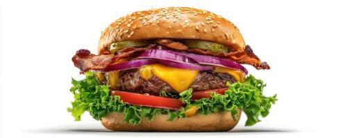 A hamburger with bacon, lettuce, tomato and cheese photo