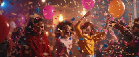 The joyful celebration featuring children dancing under colorful confetti and balloons. photo