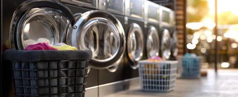 The modern laundromat featuring various washing machines and colorful baskets. photo