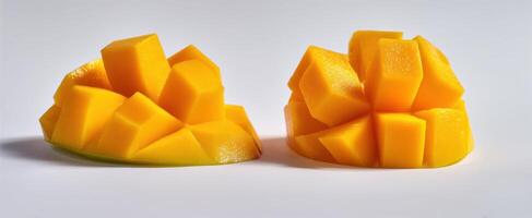 The vibrant mango slices beautifully arranged on a clean white background. photo