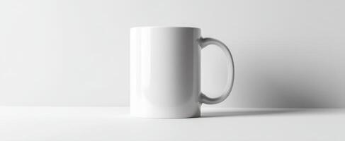 The simple white mug displayed on a clean modern table surface photo