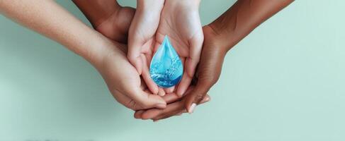 The hands of diversity holding a blue water drop with care and unity. photo