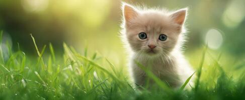 The adorable kitten exploring the lush green grass under sunlight. photo