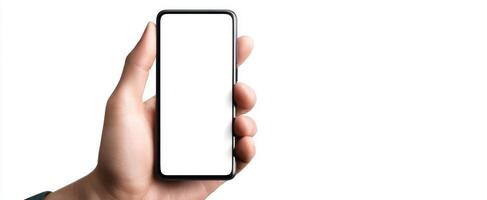 The smartphone held in a hand with a blank screen for modern applications. photo