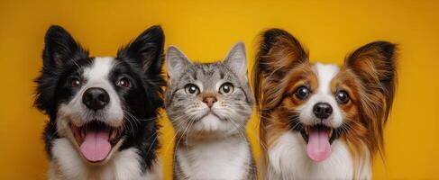 The adorable pets showcasing their delightful personalities against a vibrant yellow backdrop. photo