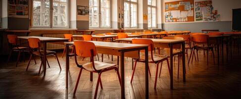 The empty classroom filled with sunlight and vibrant orange furniture. photo