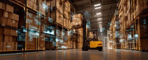 The forklift navigating a high-tech warehouse with digital overlays and data insights. photo
