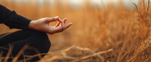 The serene hand gesture in a tranquil field during autumn meditation photo