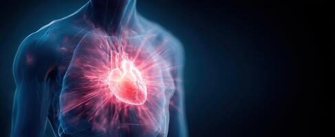 The Heart Illuminated in a Human Body Illustration with Glowing Effects. photo