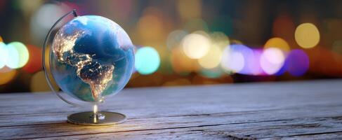 The illuminated globe showcasing the Earth with vibrant bokeh background. photo