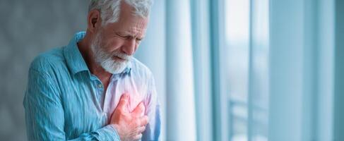 The elderly man experiencing heart pain in a bright indoor setting. photo