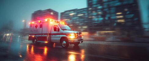 The ambulance racing through the rainy night in a bustling city setting photo