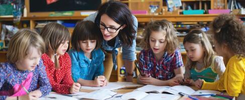 The teacher guiding young students in a colorful classroom activity. photo