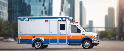 The emergency ambulance parked in a bustling urban environment ready for action. photo