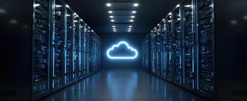The cloud storage servers illuminated in a modern data center. photo