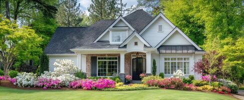 The charming house surrounded by colorful flowers and lush greenery in spring. photo