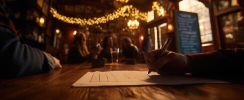 The cozy bar scene with friends enjoying drinks and creative writing activities. photo