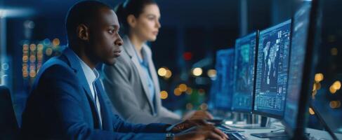 The dedicated professionals analyzing data on multiple screens in a modern office environment. photo