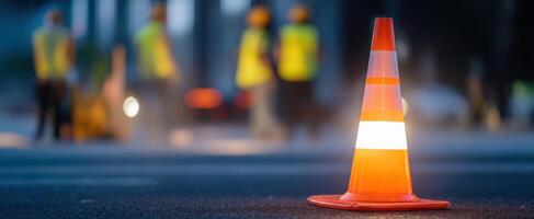 The construction cone marking a work zone with workers in action. photo