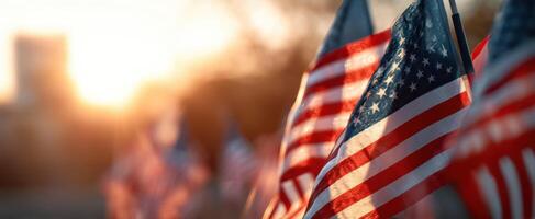 The vibrant display of American flags at sunset celebrating freedom and unity. photo