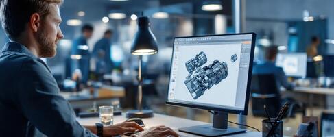 The professional designer working on a mechanical engine model in a modern office. photo
