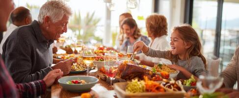 The joyful family gathering around a festive dining table filled with delicious food. photo