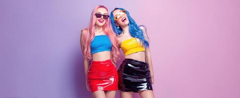 The colorful fashion statement of two stylish friends posing joyfully. photo