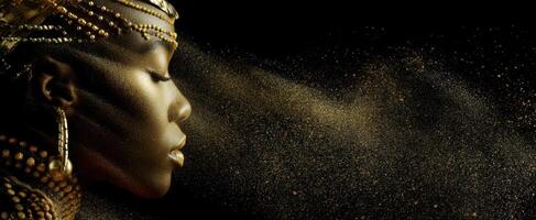The stunning profile of a woman adorned in golden accessories and shimmering dust. photo