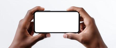 The smartphone held by hands ready for creative digital content. photo