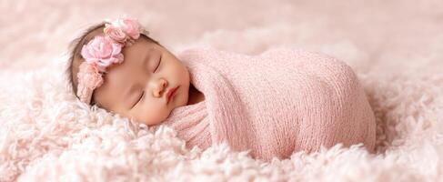The sleeping baby wrapped in a soft pink blanket with floral headband. photo
