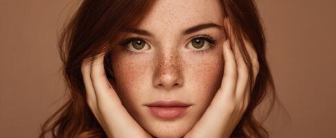 The enchanting portrait of a young woman with striking features and freckles. photo