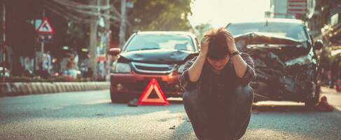 The man sitting on the street after a traumatic car accident. photo