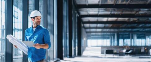 The professional engineer reviewing blueprints in a modern construction site. photo