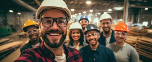 The cheerful team of workers posing confidently in a warehouse environment. photo