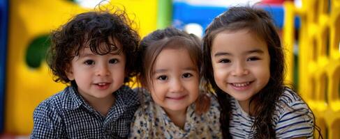The joyful children enjoying playful moments in a colorful outdoor environment. photo
