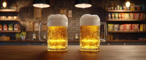 The refreshing golden beer mugs with frothy foam on a wooden bar. photo