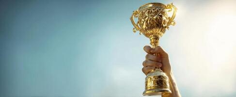 The golden trophy raised in celebration of victory and achievement. photo