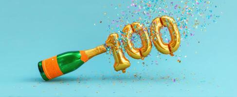 The sparkling champagne bottle celebrates a milestone with golden 100 balloons. photo