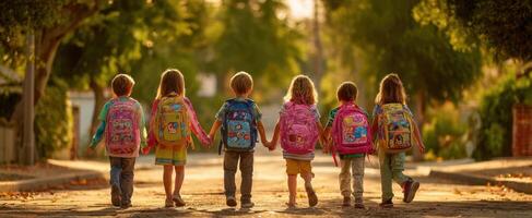 The children walking hand in hand towards a bright sunset, backpacks on their backs. photo