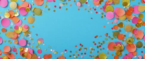 The vibrant confetti scattered across a blue backdrop for celebrations. photo
