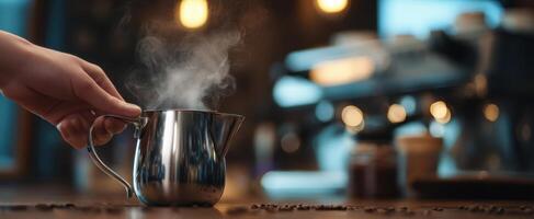The steaming coffee pot ready for brewing delicious espresso beverages. photo