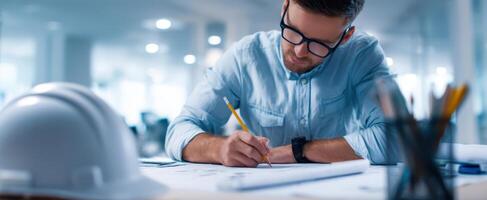 The focused architect sketching plans in a modern office setting. photo